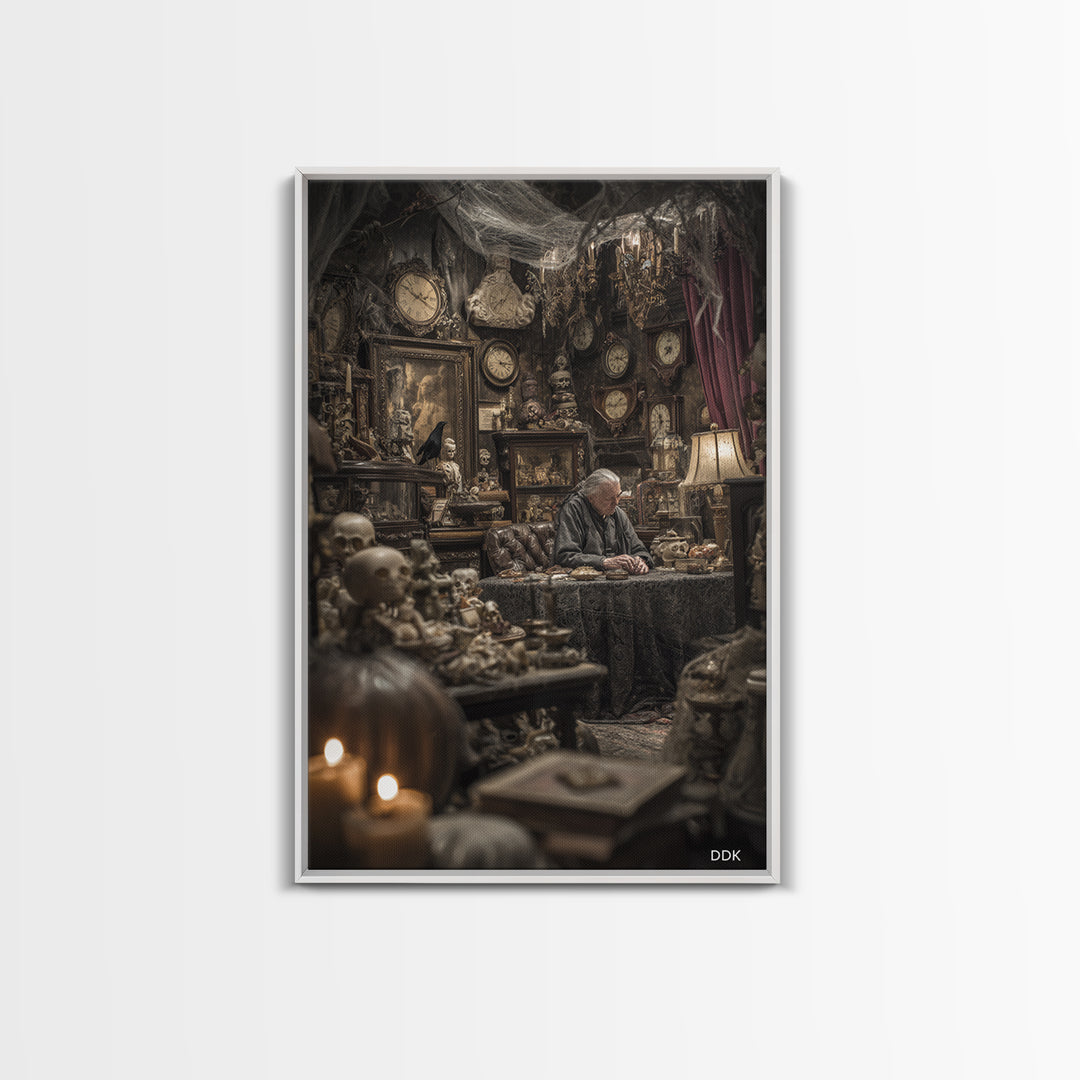 The Midnight Antique Shop, Vertical Wall Art, Macabre Wall Art, Framed Canvas Print, Halloween Wall Decor, Gothic Home Decor