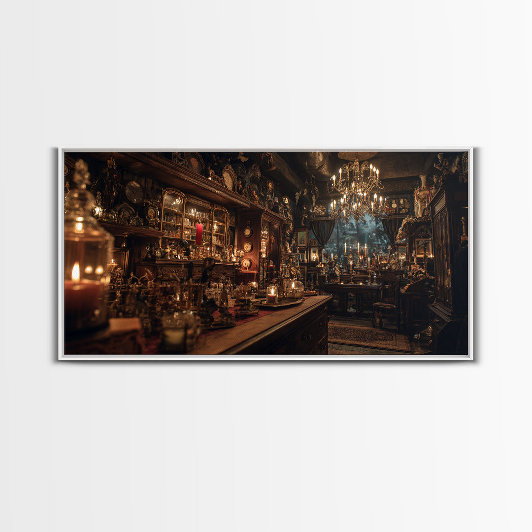 The Midnight Antique Shop, Wide Panoramic Art, Haunted Gothic Art, Framed Canvas Print, Halloween Wall Decor, Gothic Home Decor