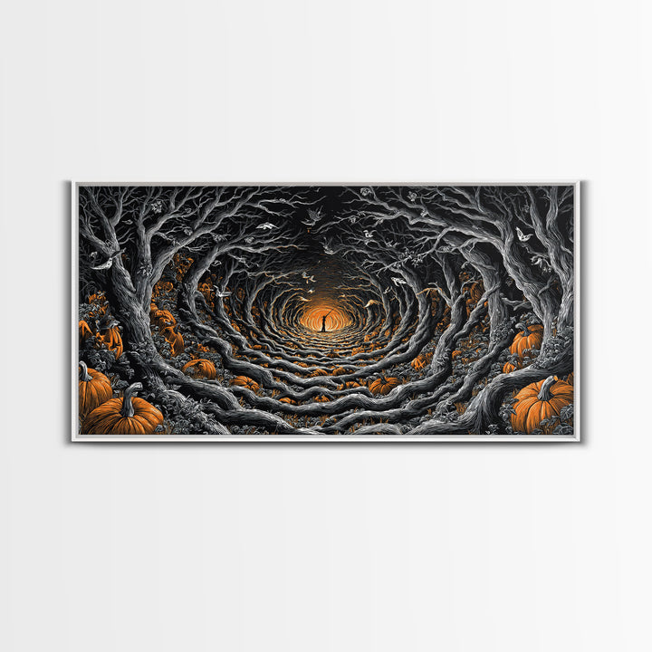 The Pumpkin Patch Maze, Wide Panoramic Art, Dark Halloween Decor, Canvas Print, Halloween Wall Decor, Gothic Home Decor, Macabre Wall Art