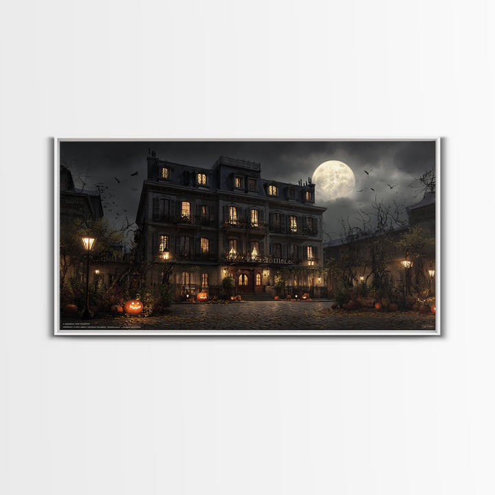 The Haunted Hotel, Wide Panoramic Art, Macabre Wall Art, Framed Canvas Print, Halloween Wall Decor, Gothic Home Decor, Horror Wall Art