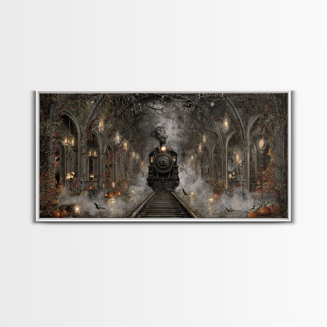 The Abandoned Train Station, Wide Panoramic Art, Macabre Wall Art, Framed Canvas Print, Halloween Wall Decor, Gothic Home Decor