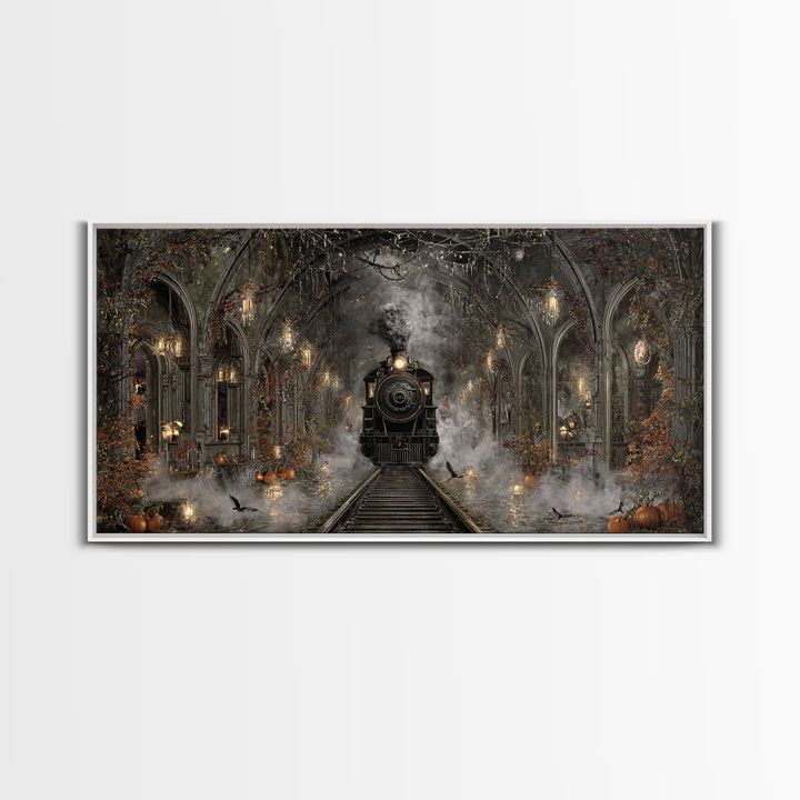 The Abandoned Train Station, Wide Panoramic Art, Macabre Wall Art, Framed Canvas Print, Halloween Wall Decor, Gothic Home Decor