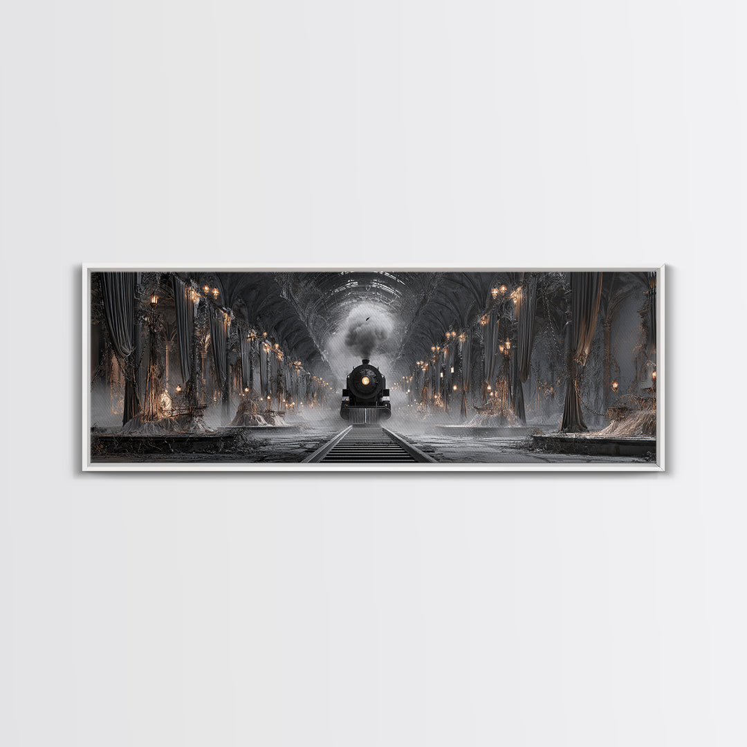 The Abandoned Train Station, Extra Wide Wall Art, Haunted Gothic Art, Framed Canvas Print, Halloween Wall Decor, Gothic Home Decor