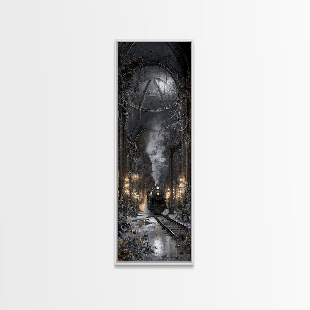 The Abandoned Train Station, Tall Narrow Wall Art, Gothic Horror Wall Art, Framed Canvas Print, Halloween Wall Decor, Gothic Home Decor