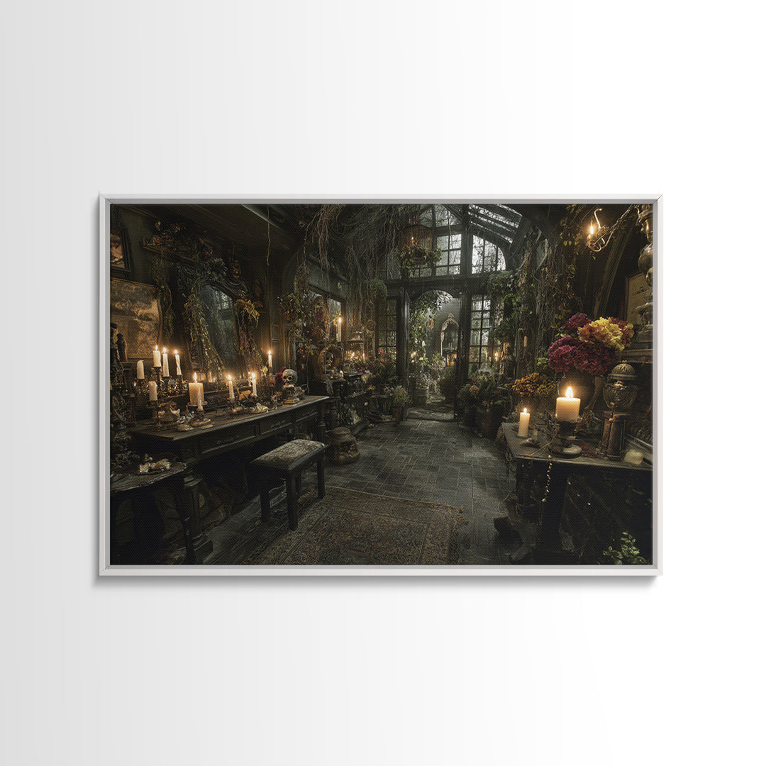 The Cemetery Greenhouse, Landscape Wall Art, Macabre Wall Art, Framed Canvas Print, Halloween Wall Decor, Gothic Home Decor, Halloween Decor