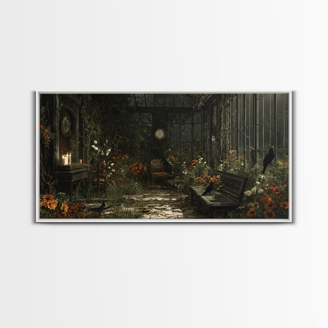 The Cemetery Greenhouse, Wide Panoramic Art, Spooky Home Decor, Canvas Print, Halloween Wall Decor, Gothic Home Decor, Horror Wall Art