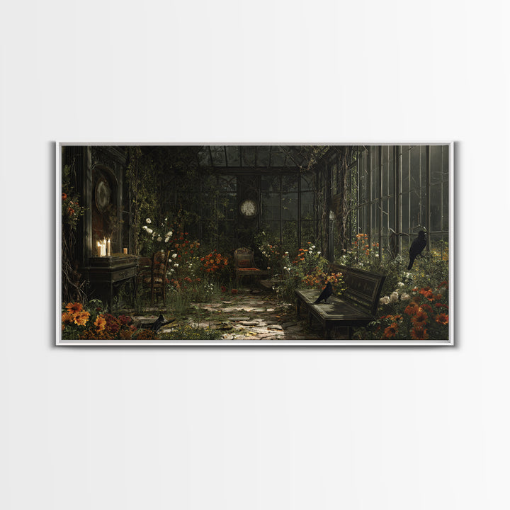 The Cemetery Greenhouse, Wide Panoramic Art, Spooky Home Decor, Canvas Print, Halloween Wall Decor, Gothic Home Decor, Horror Wall Art