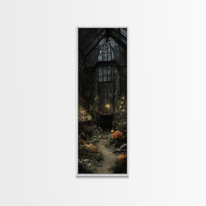 The Cemetery Greenhouse, Tall Narrow Wall Art, Dark Fantasy Wall Art, Canvas Print, Halloween Wall Decor, Gothic Home Decor, Halloween Decor