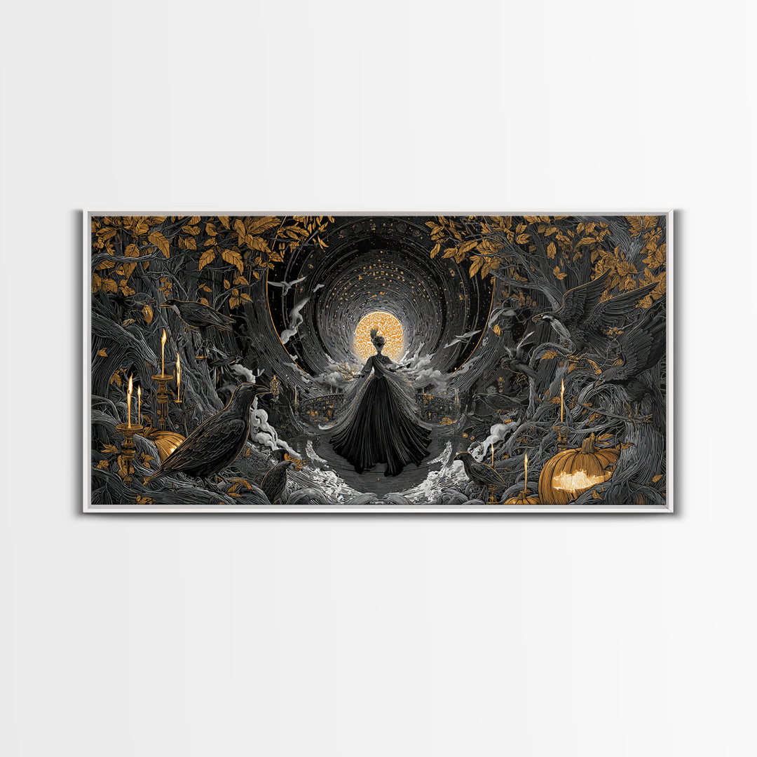 The Midnight Masquerade, Wide Panoramic Art, Haunted Gothic Art, Framed Canvas Print, Halloween Wall Decor, Gothic Home Decor