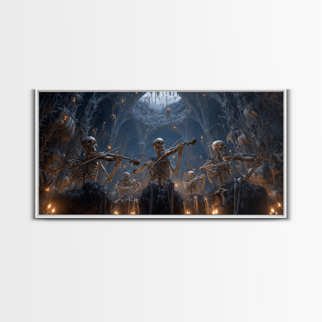 The Skeleton Orchestra, Wide Panoramic Art, Macabre Wall Art, Framed Canvas Print, Halloween Wall Decor, Gothic Home Decor