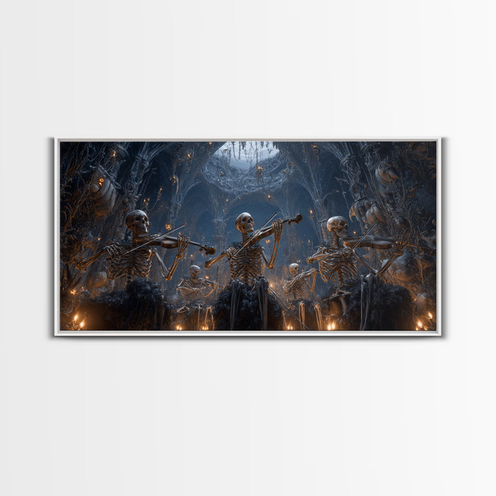 The Skeleton Orchestra, Wide Panoramic Art, Macabre Wall Art, Framed Canvas Print, Halloween Wall Decor, Gothic Home Decor