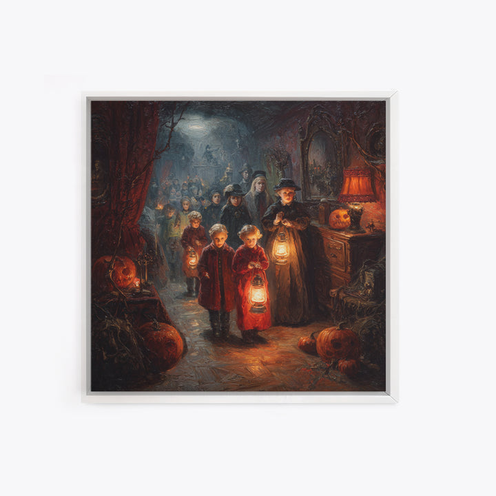 The Trick-Or-Treat Procession, Square Wall Art, Haunted Gothic Art, Framed Canvas Print, Halloween Wall Decor, Gothic Home Decor