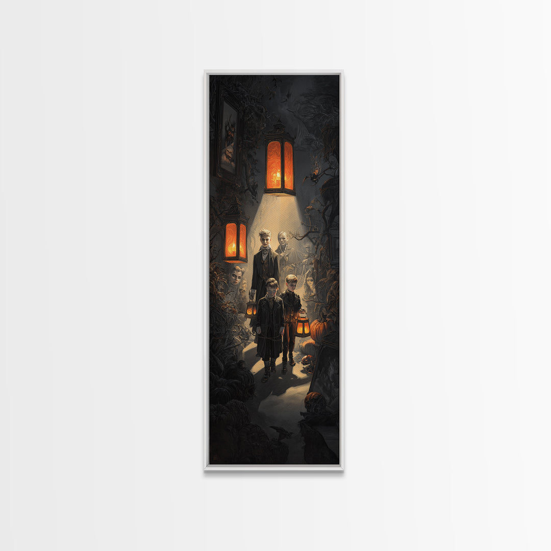 The Trick-Or-Treat Procession, Tall Narrow Wall Art, Spooky Home Decor, Canvas Print, Halloween Wall Decor, Gothic Home Decor