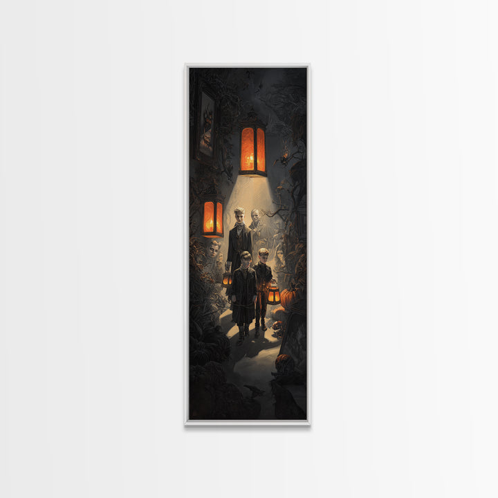 The Trick-Or-Treat Procession, Tall Narrow Wall Art, Spooky Home Decor, Canvas Print, Halloween Wall Decor, Gothic Home Decor