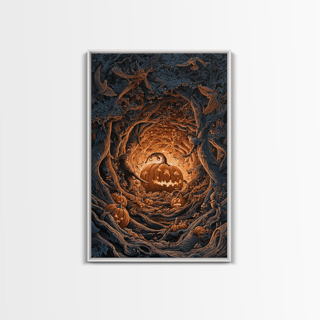 The Pumpkin-Carving Ritual, Vertical Wall Art, Haunted Gothic Art, Framed Canvas Print, Halloween Wall Decor, Gothic Home Decor