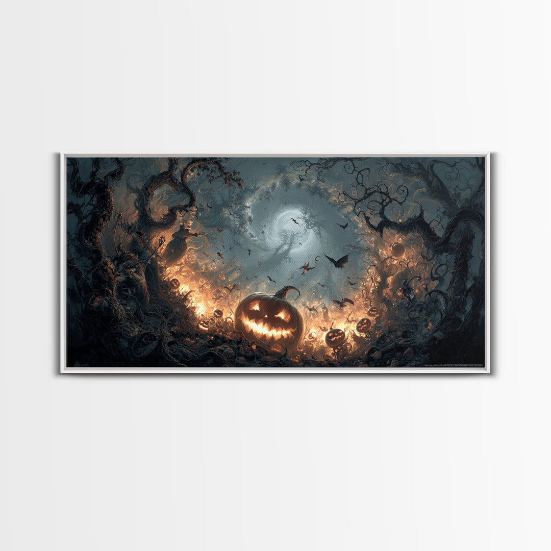 The Pumpkin-Carving Ritual, Wide Panoramic Art, Dark Fantasy Wall Art, Canvas Print, Halloween Wall Decor, Gothic Home Decor