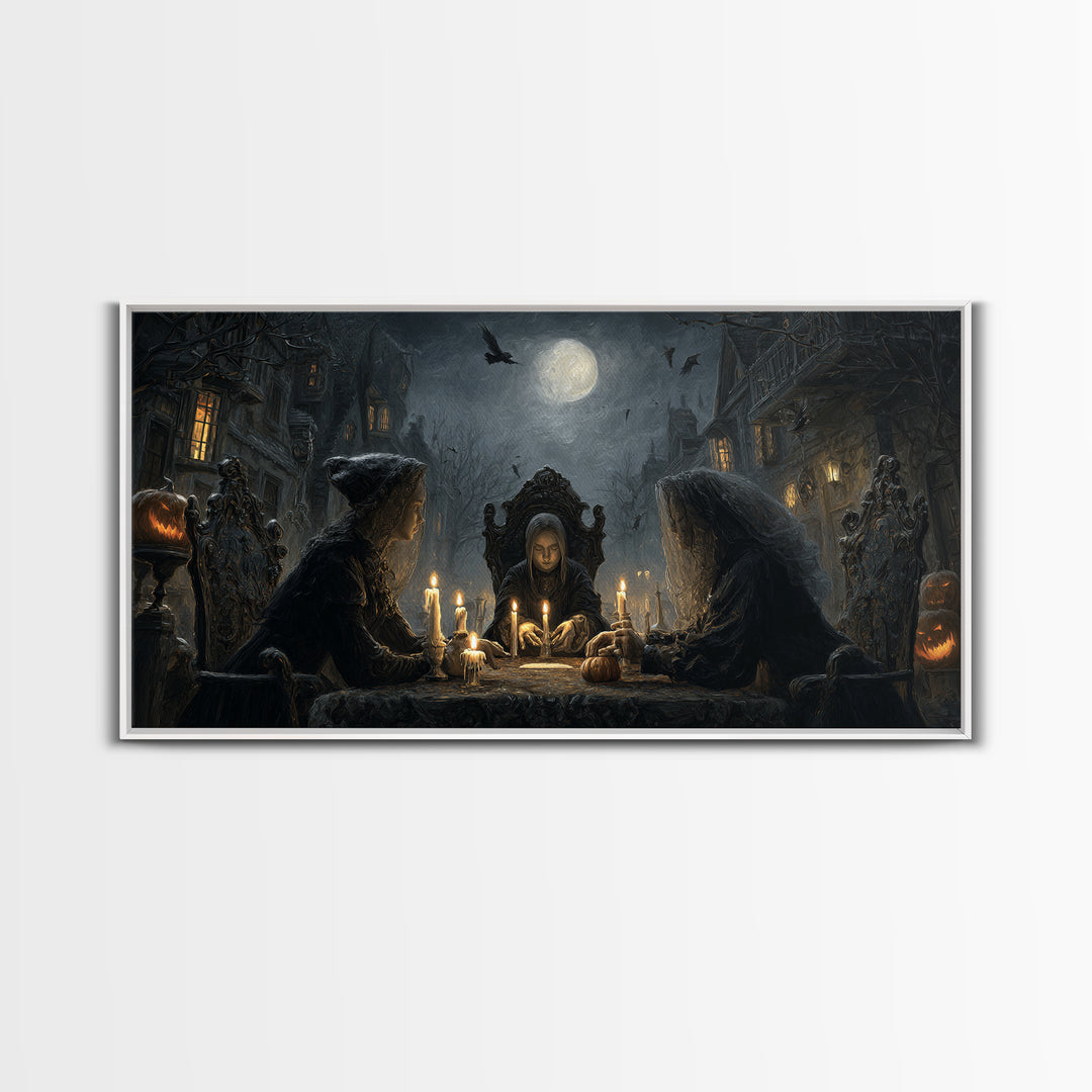 The Candlelit Seance, Wide Panoramic Art, Haunted Gothic Art, Framed Canvas Print, Halloween Wall Decor, Gothic Home Decor