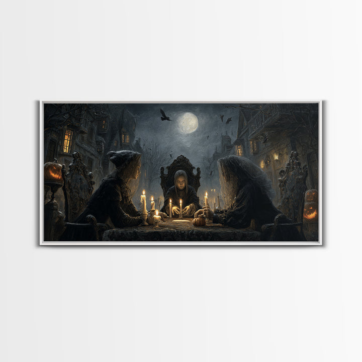 The Candlelit Seance, Wide Panoramic Art, Haunted Gothic Art, Framed Canvas Print, Halloween Wall Decor, Gothic Home Decor