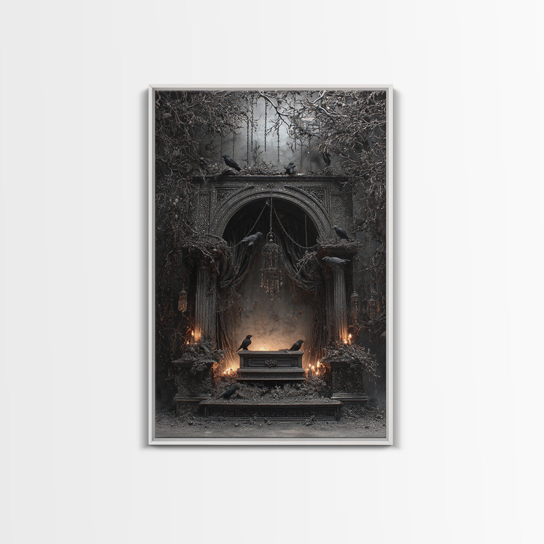 The Raven Funeral, Vertical Wall Art, Gothic Horror Wall Art, Framed Canvas Print, Halloween Wall Decor, Gothic Home Decor, Dark Fantasy Art
