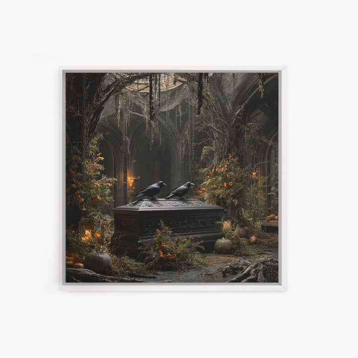 The Raven Funeral, Square Wall Art, Haunted Gothic Art, Framed Canvas Print, Halloween Wall Decor, Gothic Home Decor, Macabre Wall Art