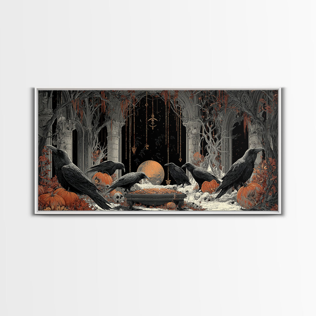 The Raven Funeral, Wide Panoramic Art, Gothic Horror Wall Art, Framed Canvas Print, Halloween Wall Decor, Gothic Home Decor, Halloween Decor