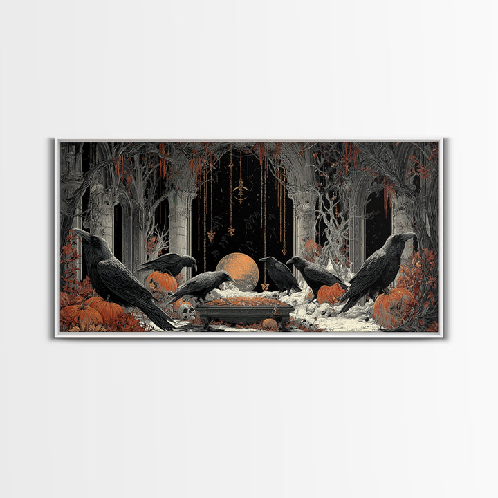 The Raven Funeral, Wide Panoramic Art, Gothic Horror Wall Art, Framed Canvas Print, Halloween Wall Decor, Gothic Home Decor, Halloween Decor