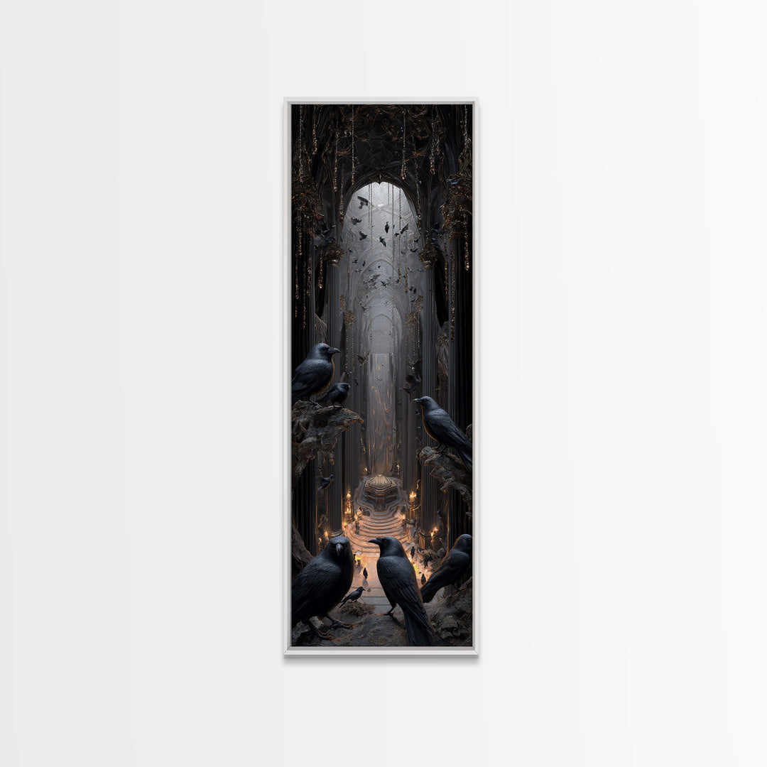 The Raven Funeral, Tall Narrow Wall Art, Gothic Horror Wall Art, Framed Canvas Print, Halloween Wall Decor, Gothic Home Decor