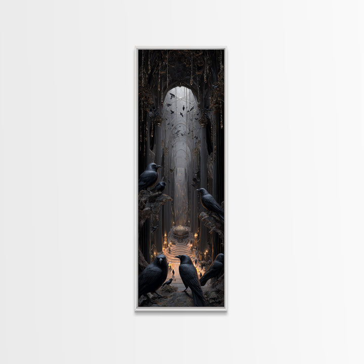 The Raven Funeral, Tall Narrow Wall Art, Gothic Horror Wall Art, Framed Canvas Print, Halloween Wall Decor, Gothic Home Decor