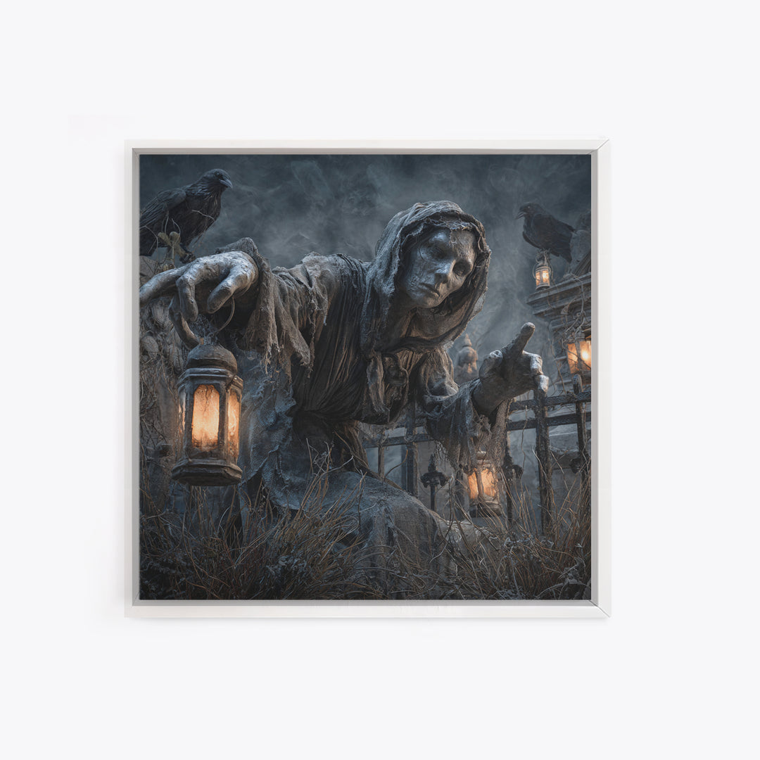 The Cemetery Lantern Festival, Square Wall Art, Haunted Gothic Art, Framed Canvas Print, Halloween Wall Decor, Gothic Home Decor