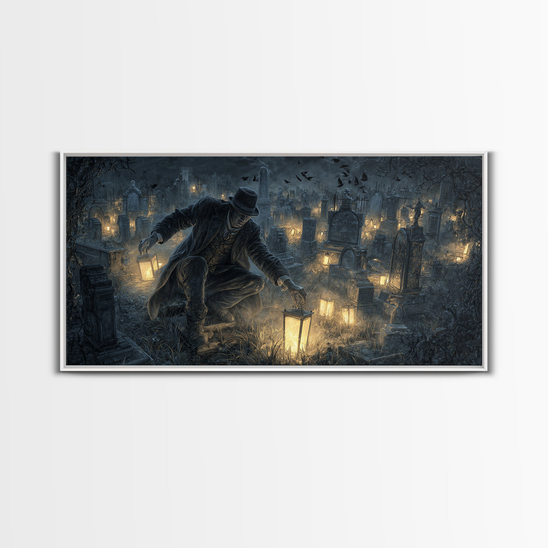 The Cemetery Lantern Festival, Wide Panoramic Art, Dark Fantasy Wall Art, Canvas Print, Halloween Wall Decor, Gothic Home Decor