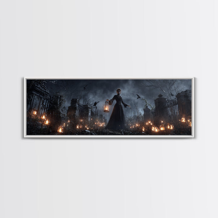The Cemetery Lantern Festival, Extra Wide Wall Art, Macabre Wall Art, Framed Canvas Print, Halloween Wall Decor, Gothic Home Decor