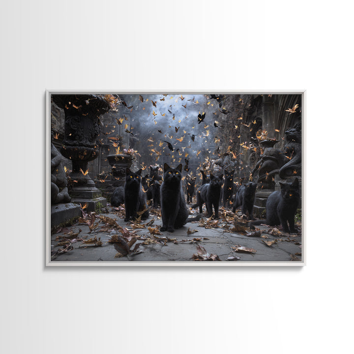 The Black Cat Gathering, Landscape Wall Art, Haunted Gothic Art, Framed Canvas Print, Halloween Wall Decor, Gothic Home Decor