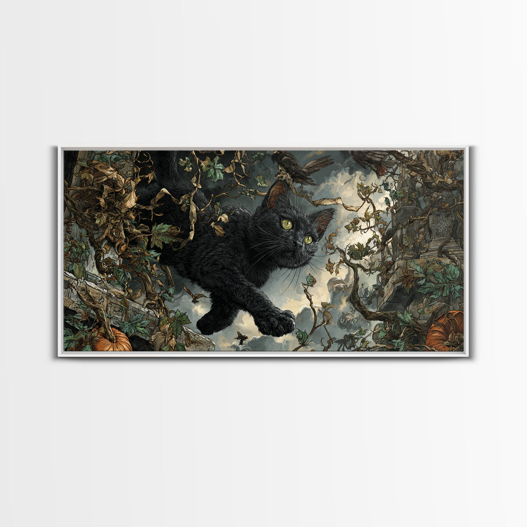The Black Cat Gathering, Wide Panoramic Art, Gothic Horror Wall Art, Framed Canvas Print, Halloween Wall Decor, Gothic Home Decor