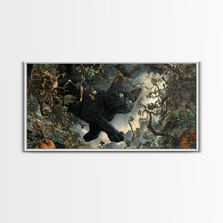 The Black Cat Gathering, Wide Panoramic Art, Gothic Horror Wall Art, Framed Canvas Print, Halloween Wall Decor, Gothic Home Decor