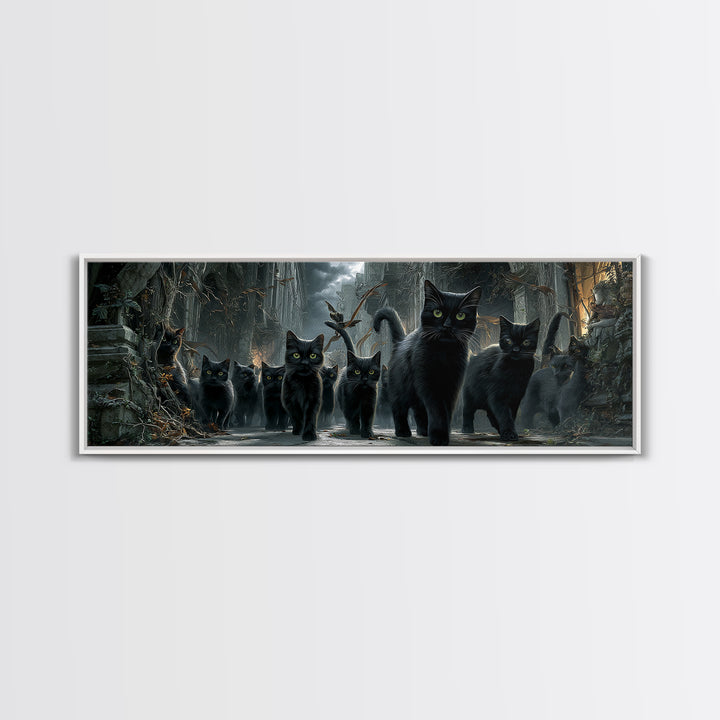 The Black Cat Gathering, Extra Wide Wall Art, Gothic Horror Wall Art, Framed Canvas Print, Halloween Wall Decor, Gothic Home Decor