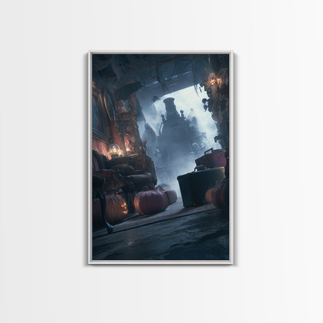 The Ghost Train Arrival, Vertical Wall Art, Haunted Gothic Art, Framed Canvas Print, Halloween Wall Decor, Gothic Home Decor
