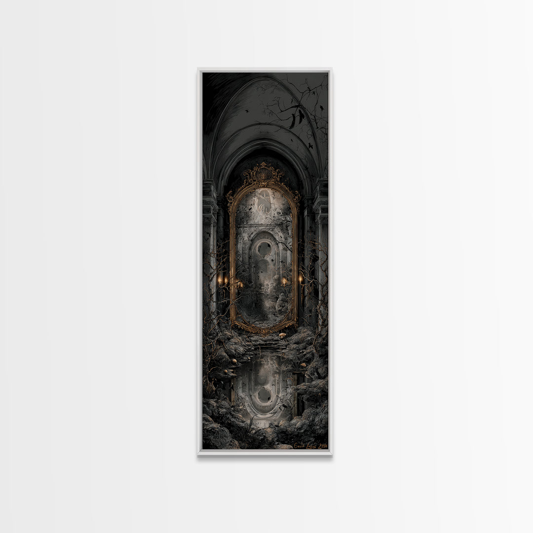 The Cursed Mirror, Tall Narrow Wall Art, Gothic Horror Wall Art, Framed Canvas Print, Halloween Wall Decor, Gothic Home Decor
