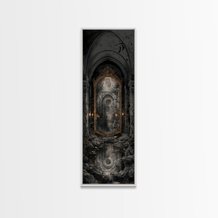 The Cursed Mirror, Tall Narrow Wall Art, Gothic Horror Wall Art, Framed Canvas Print, Halloween Wall Decor, Gothic Home Decor
