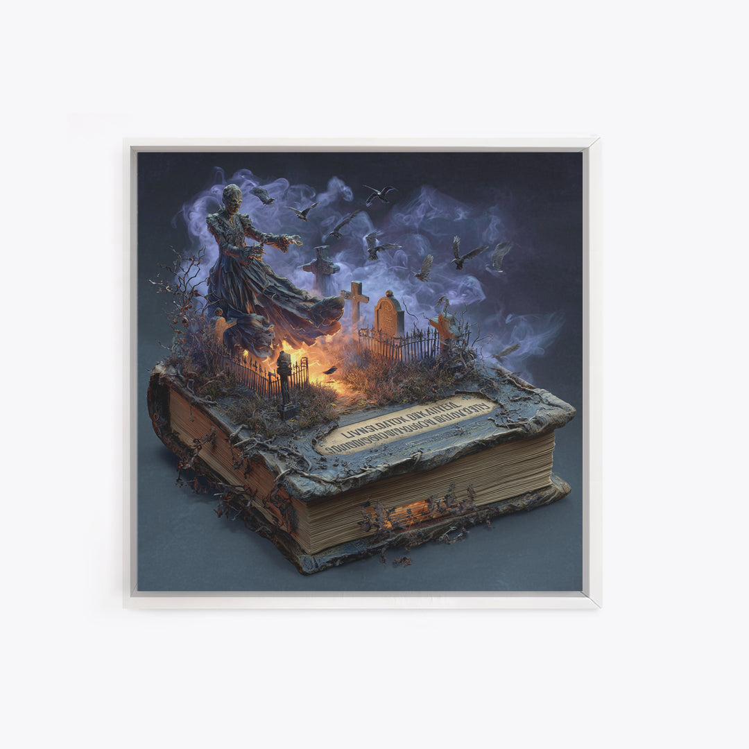 The Living Spellbook, Square Wall Art, Gothic Horror Wall Art, Framed Canvas Print, Halloween Wall Decor, Gothic Home Decor