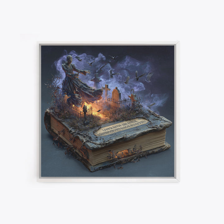 The Living Spellbook, Square Wall Art, Gothic Horror Wall Art, Framed Canvas Print, Halloween Wall Decor, Gothic Home Decor