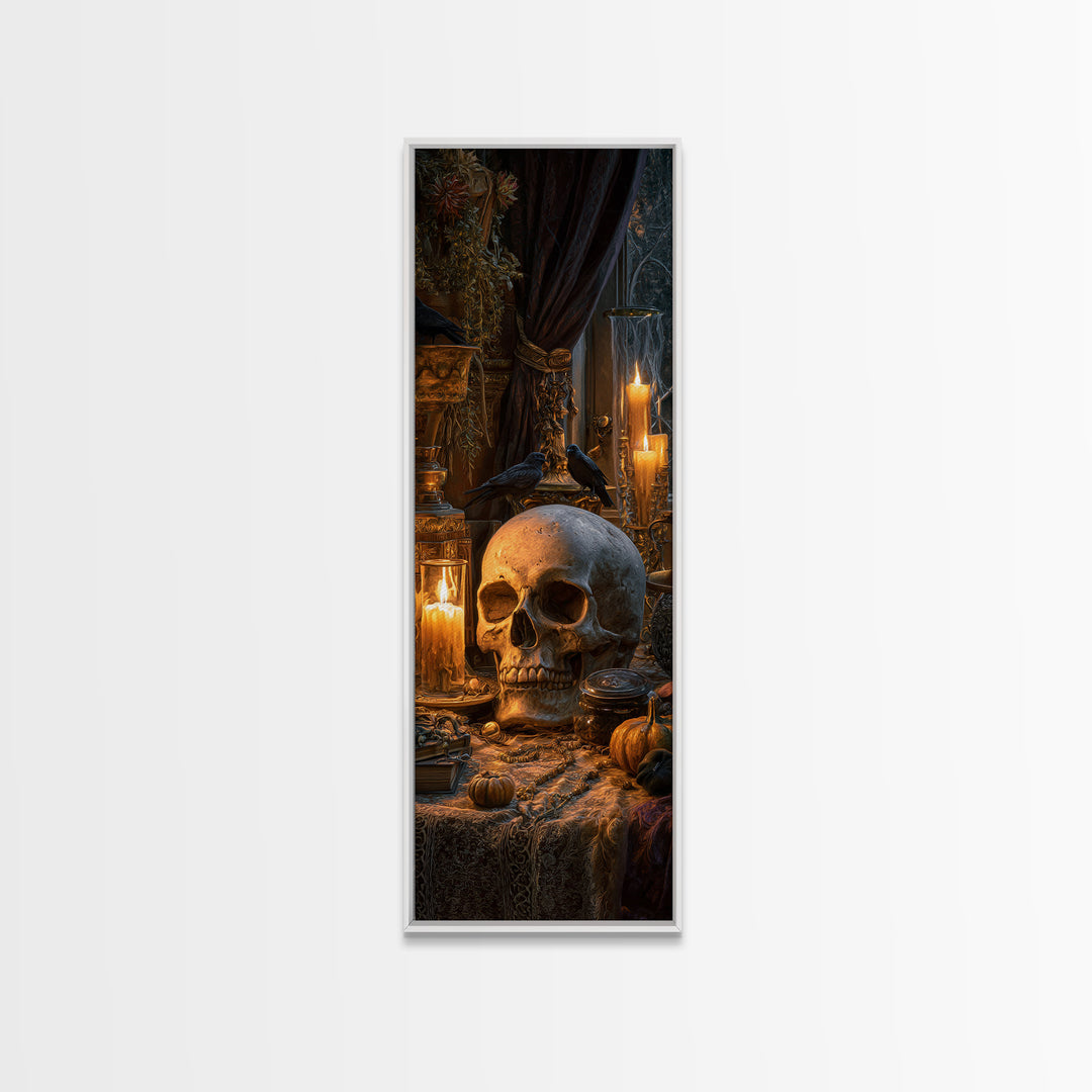 The Talking Skull, Tall Narrow Wall Art, Gothic Horror Wall Art, Framed Canvas Print, Halloween Wall Decor, Gothic Home Decor