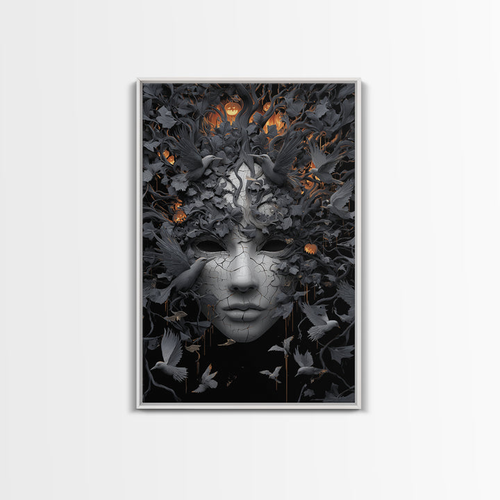 The Cracked Porcelain Mask, Vertical Wall Art, Dark Halloween Decor, Canvas Print, Halloween Wall Decor, Gothic Home Decor