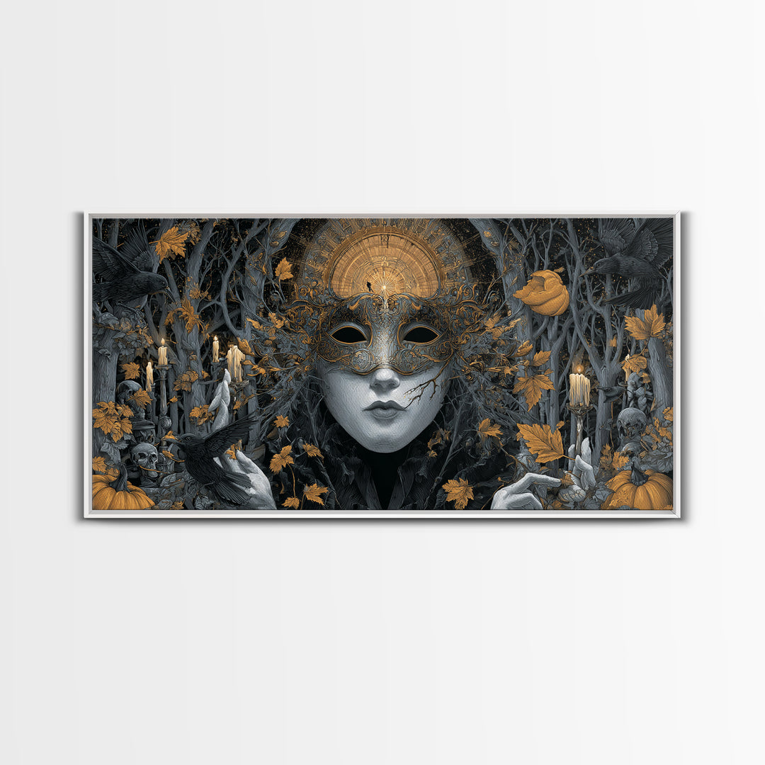 The Cracked Porcelain Mask, Wide Panoramic Art, Haunted Gothic Art, Framed Canvas Print, Halloween Wall Decor, Gothic Home Decor