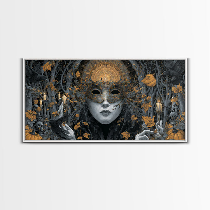 The Cracked Porcelain Mask, Wide Panoramic Art, Haunted Gothic Art, Framed Canvas Print, Halloween Wall Decor, Gothic Home Decor