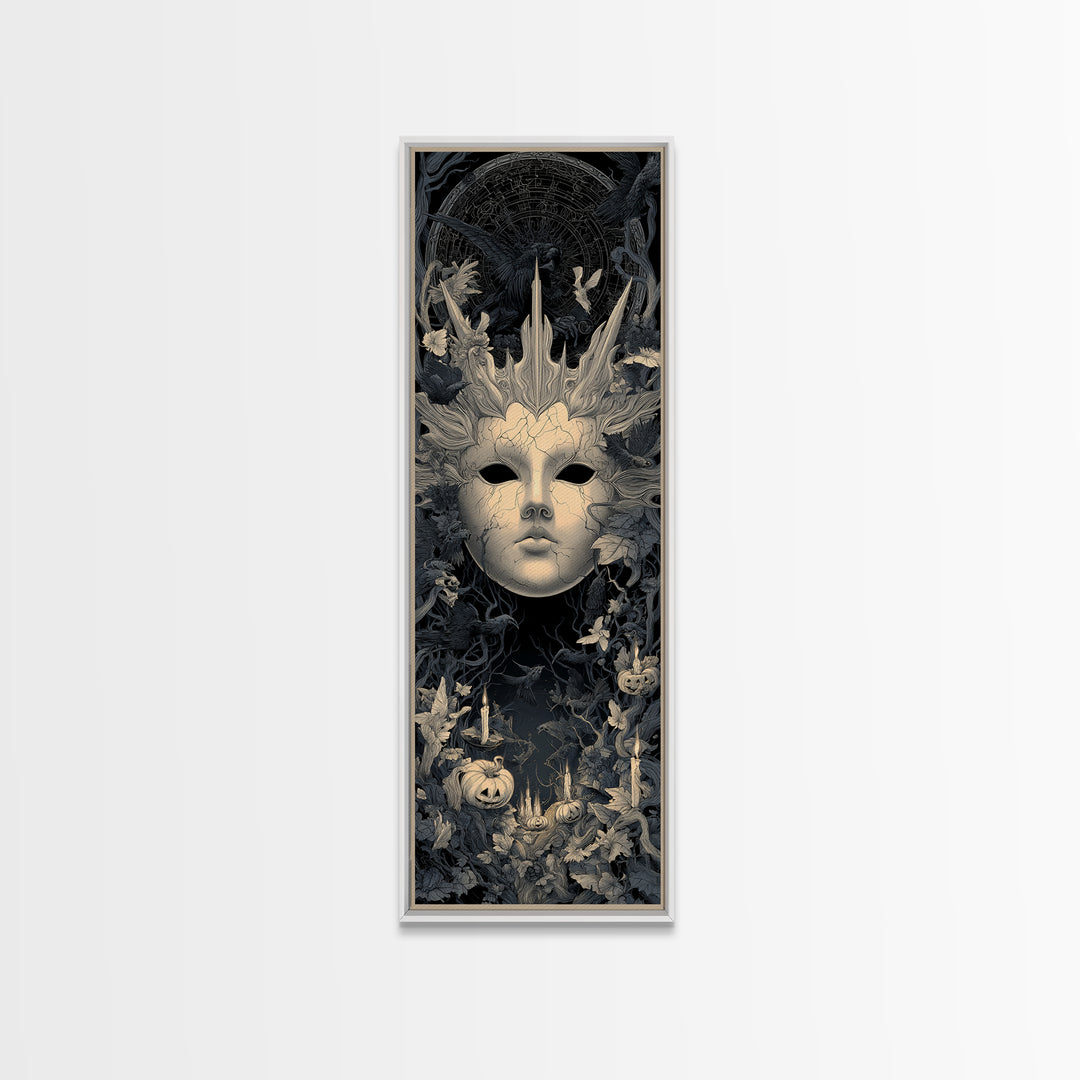 The Cracked Porcelain Mask, Tall Narrow Wall Art, Dark Halloween Decor, Canvas Print, Halloween Wall Decor, Gothic Home Decor