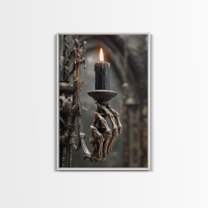 The Skeletal Hand Candleholder, Vertical Wall Art, Macabre Wall Art, Framed Canvas Print, Halloween Wall Decor, Gothic Home Decor