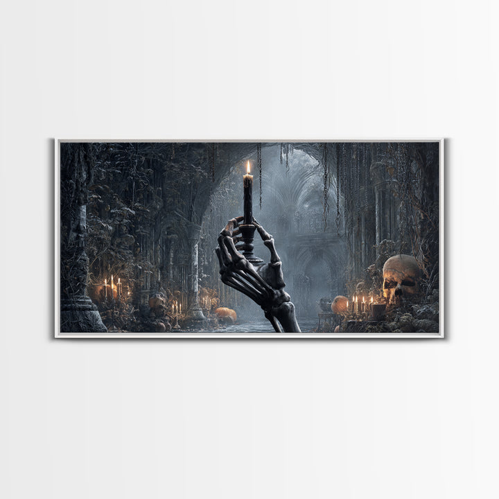 The Skeletal Hand Candleholder, Wide Panoramic Art, Spooky Home Decor, Canvas Print, Halloween Wall Decor, Gothic Home Decor