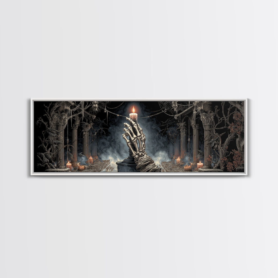 The Skeletal Hand Candleholder, Extra Wide Wall Art, Macabre Wall Art, Framed Canvas Print, Halloween Wall Decor, Gothic Home Decor