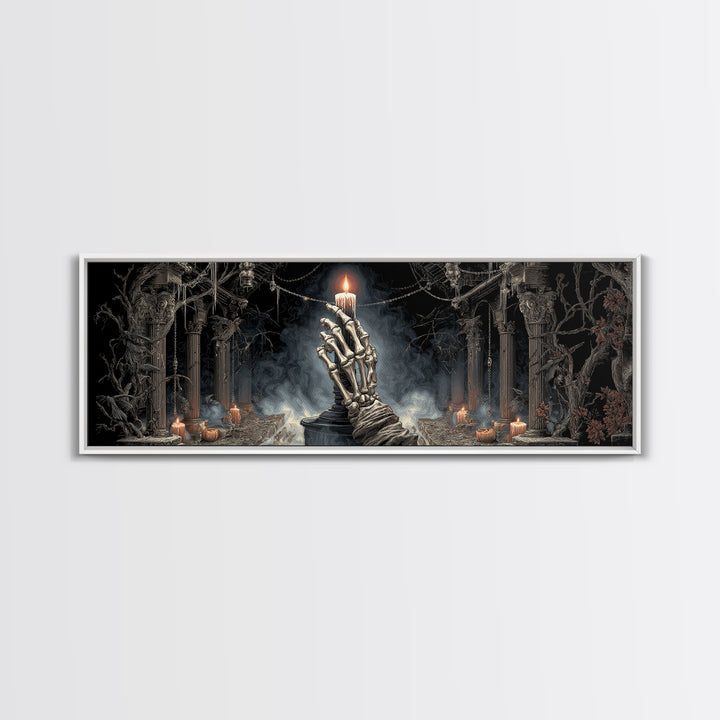 The Skeletal Hand Candleholder, Extra Wide Wall Art, Macabre Wall Art, Framed Canvas Print, Halloween Wall Decor, Gothic Home Decor
