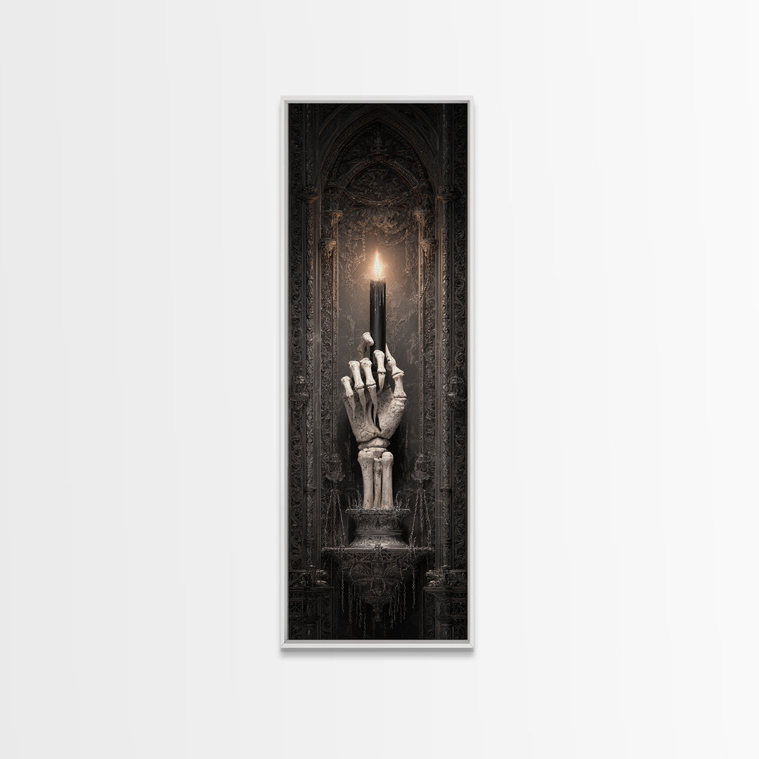 The Skeletal Hand Candleholder, Tall Narrow Wall Art, Macabre Wall Art, Framed Canvas Print, Halloween Wall Decor, Gothic Home Decor